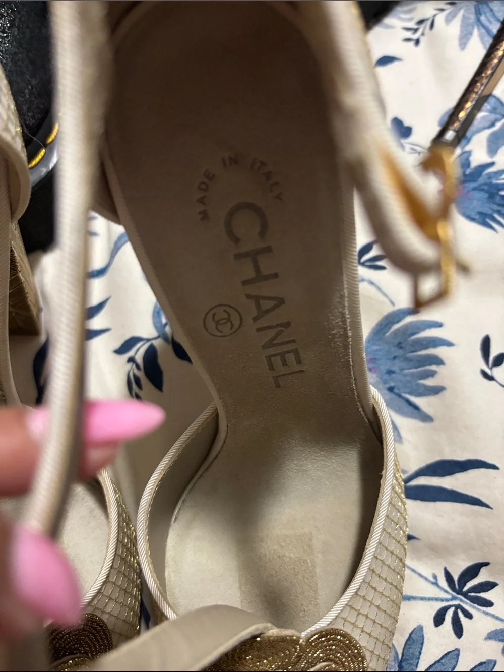 CHANEL Cream and Gold Camellia Ankle-Strap Heels